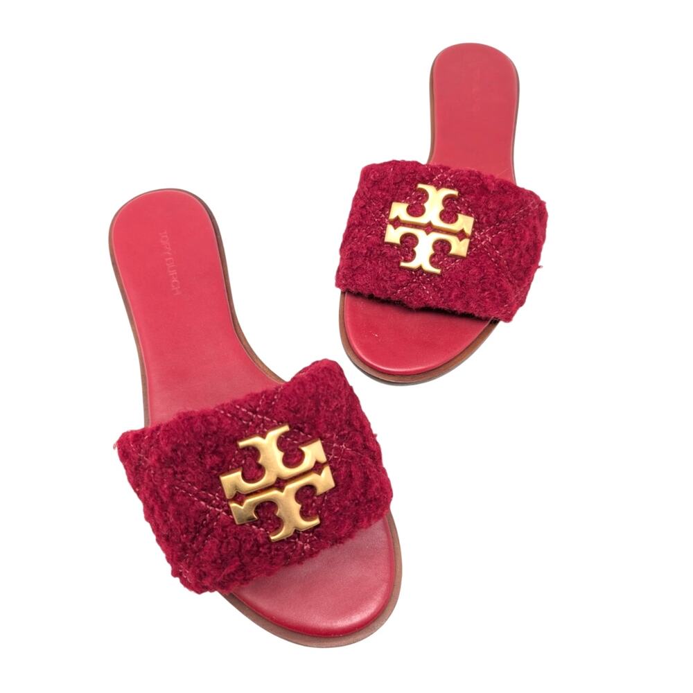 Tory Burch Everly Milos Bouclé Slides Pomegranate‎ Red 7.5 Gold Logo